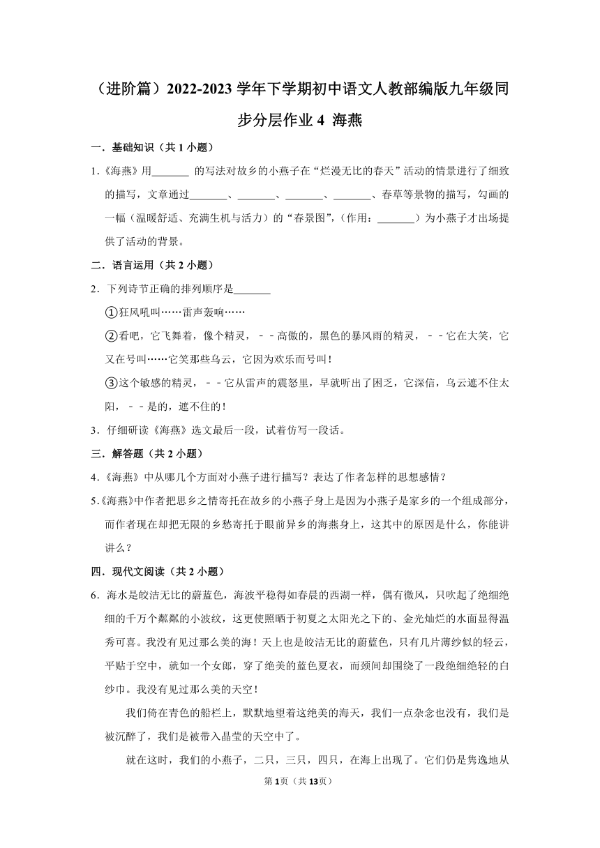 （进阶篇）2022-2023学年下学期初中语文人教部编版九年级同步分层作业4 海燕(含解析)