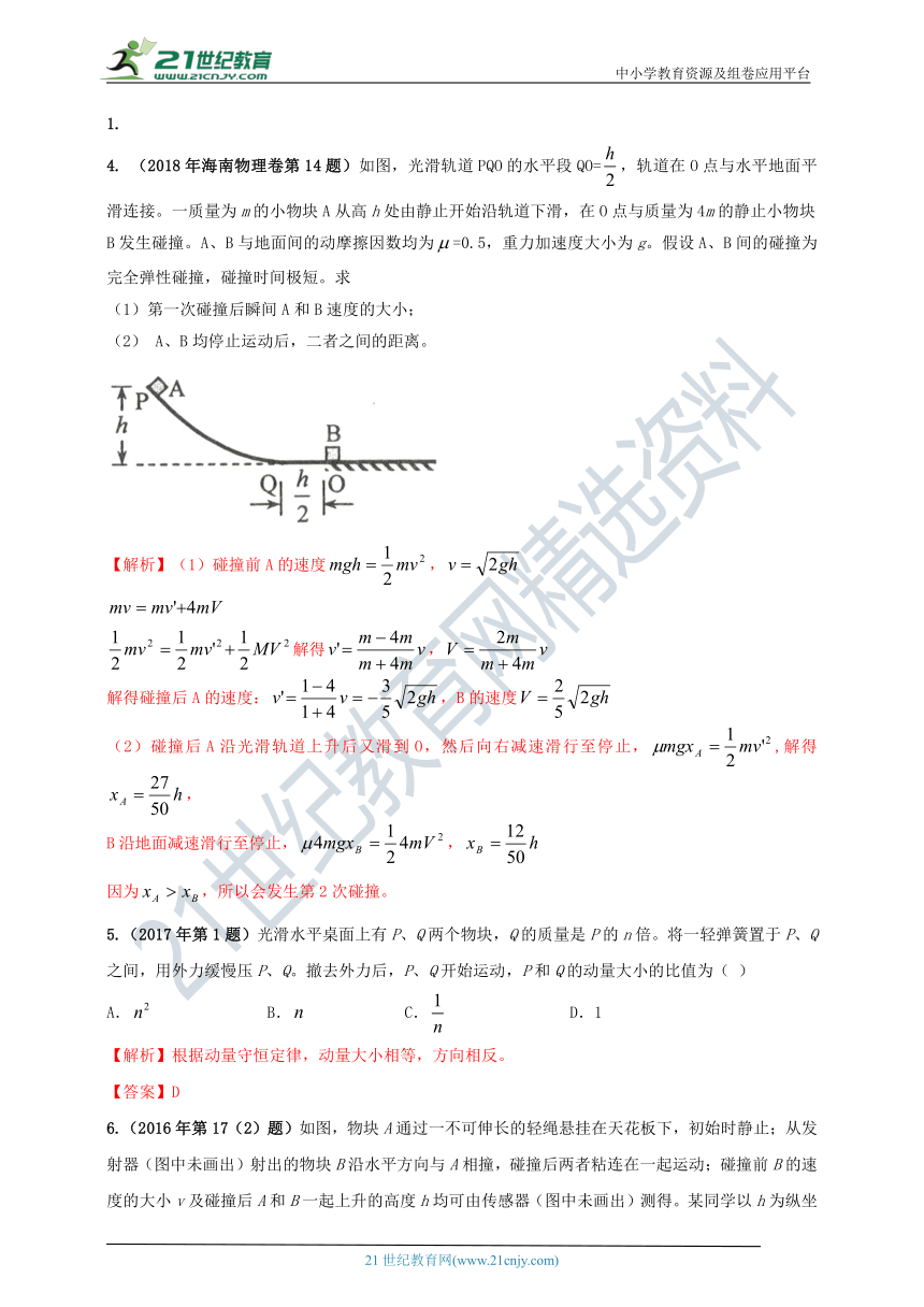 【新高考】海南2011-2020年高考物理试题分类汇编之专题7 动量 动量守恒定律（解析卷）