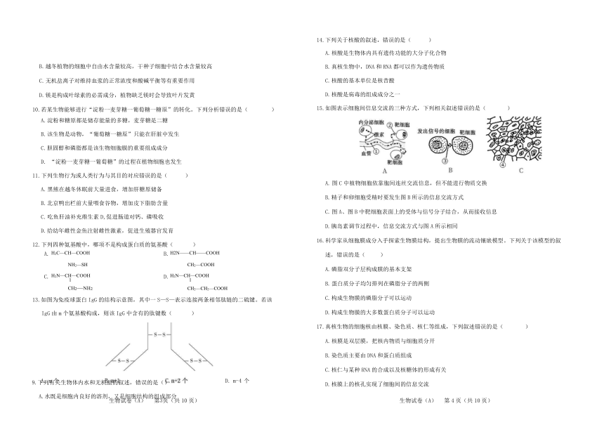 河北省元氏县第四中学2022学年-2023学年高一上学期入学摸底考试生物（A）试卷（Word版含解析）