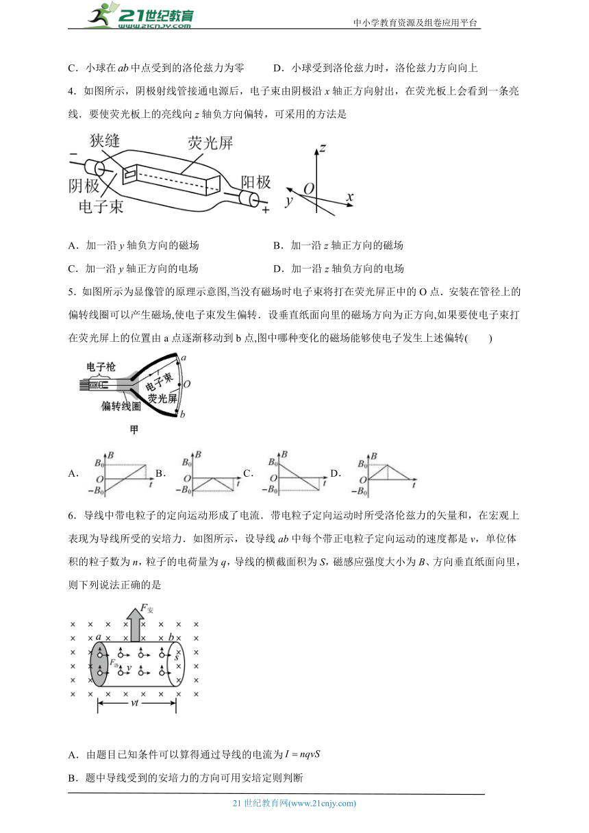 1.2磁场对运动电荷的作用力  同步练习（学生版+解析版）