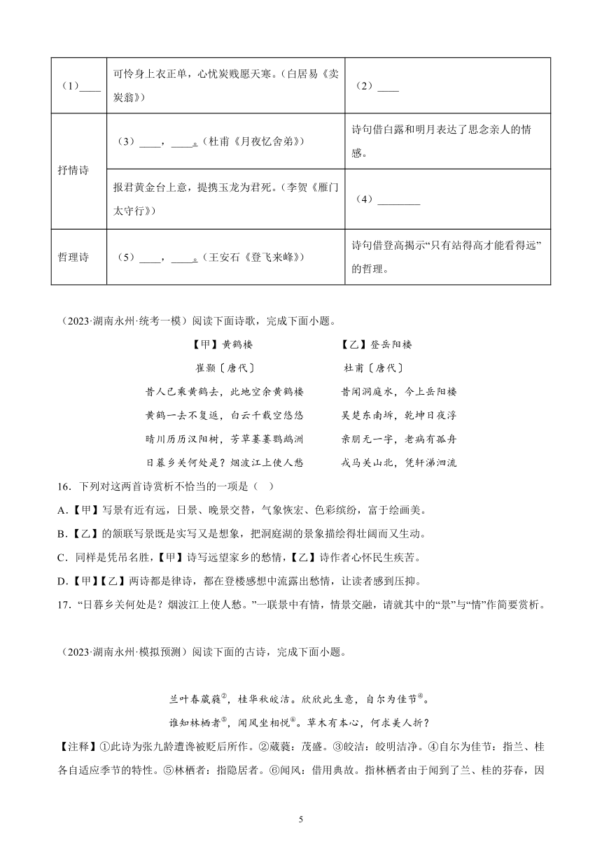 2023年湖南省九年级语文中考一模试题分项选编：诗歌鉴赏题（含解析）