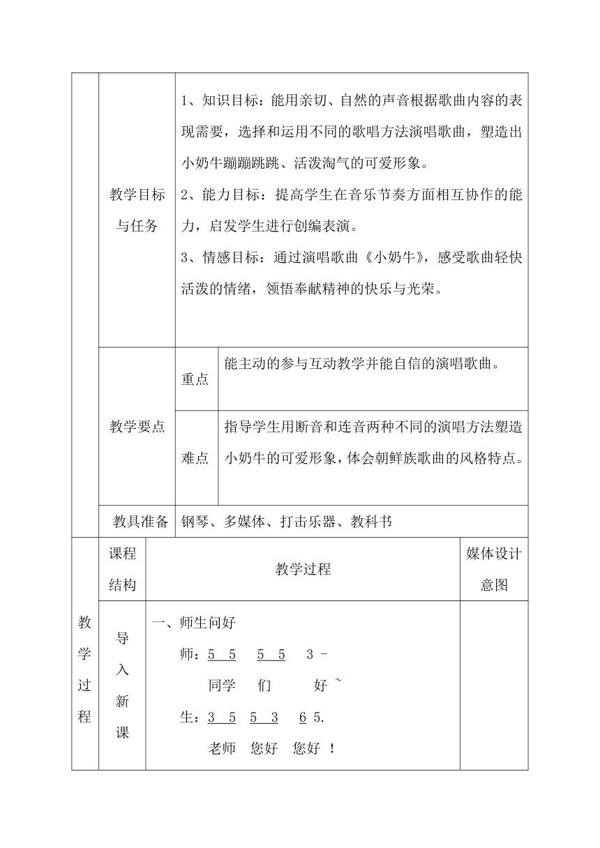 冀少版 三年级上册 音乐 第5单元 小奶牛 教案（表格式）