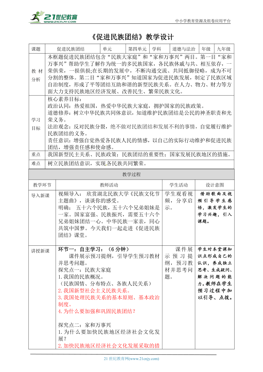 【核心素养目标】 7.1《促进民族团结》表格式教学设计