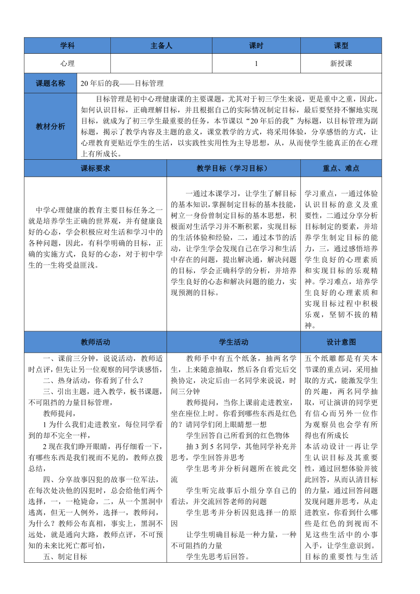 通用版九年级心理健康 20年后的我--目标管理 教案（表格式）