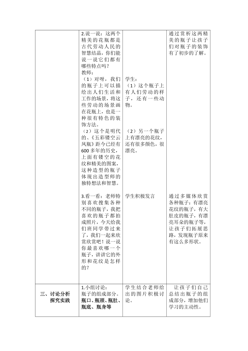 第6课 漂亮的瓶子 教学设计（表格式）人美版美术一年级下册