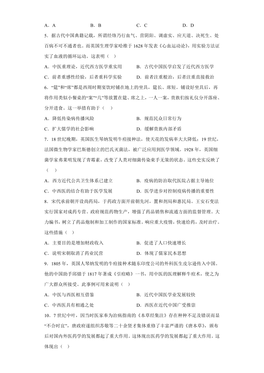 古代的疫病与医学成就选择题刷题--2023届高三统编版历史三轮冲刺复习（含解析）