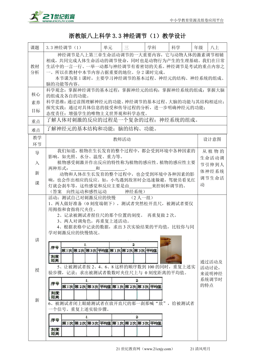 2022浙教版八上科学 3.3神经调节（1）教学设计