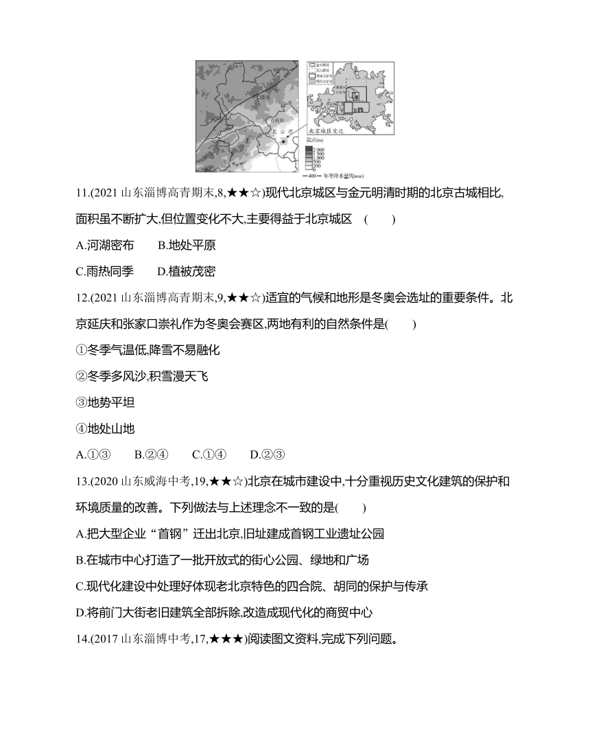 鲁教版地理七年级下册6.4祖国的首都——北京同步练习（含解析）
