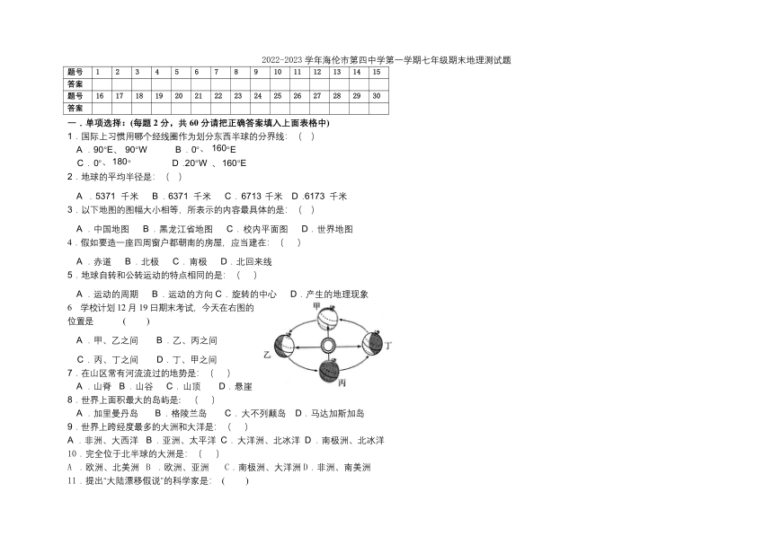 黑龙江省海伦市第四中学2022-2023学年七年级上学期期末地理试卷（无答案）