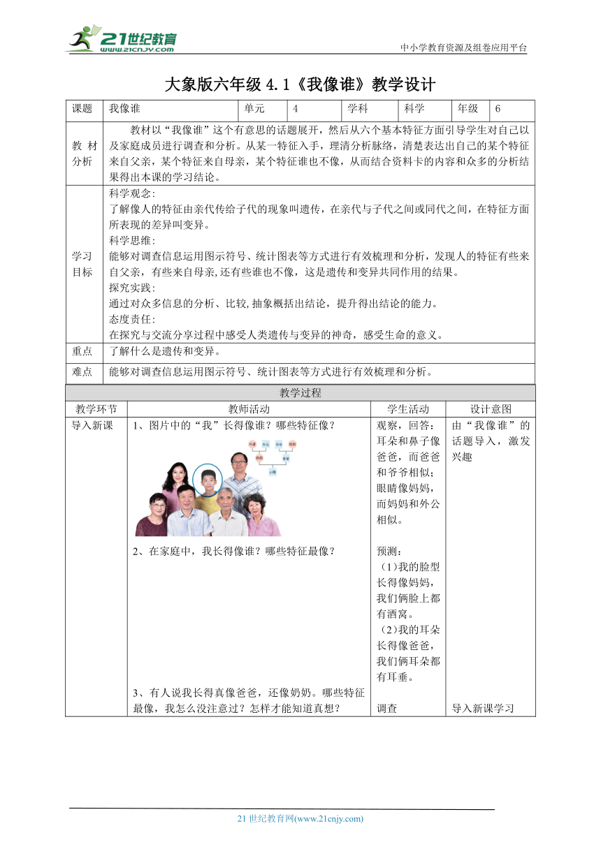 【核心素养目标】4.1《我像谁》教案