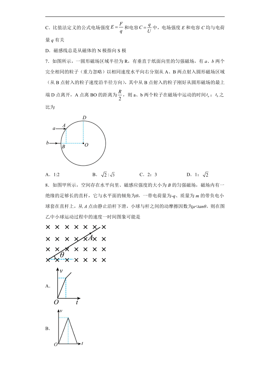 高二物理人教版（2019）选择性必修二 1.2磁场对运动电荷的作用力 课时作业（含解析）