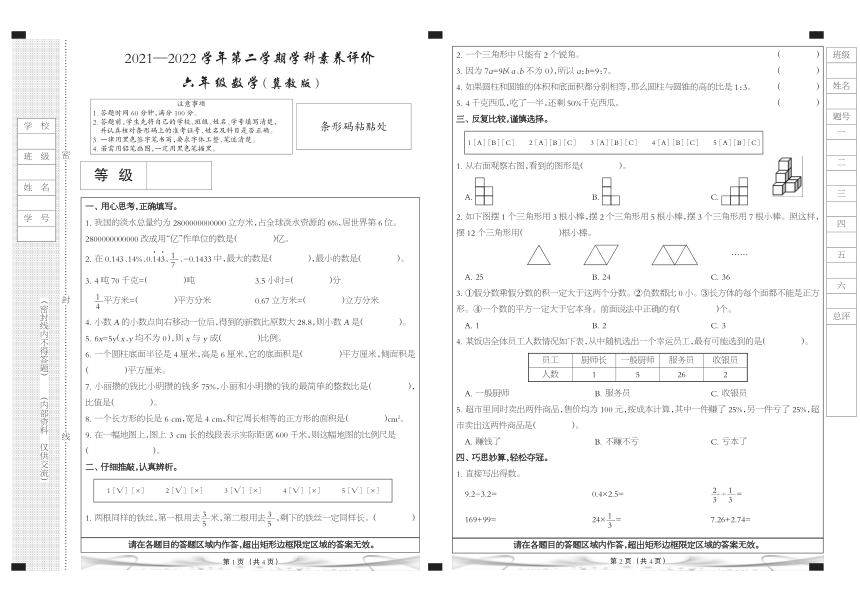 河北省石家庄高新技术产业开发区实验小学2021-2022学年六年级下学期学科素养评价数学试题（pdf无答案）