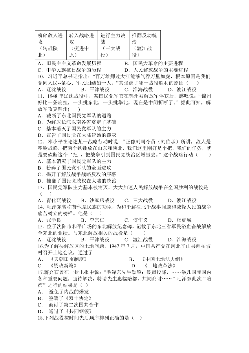 八年级上册历史第七单元人民解放战争综合测试题（含答案）