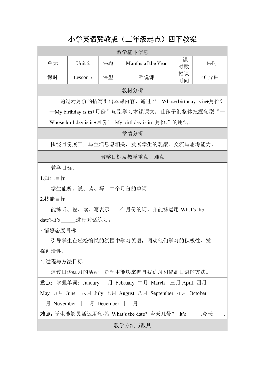 Unit 2 Lesson 7  Months of the Year表格式教案