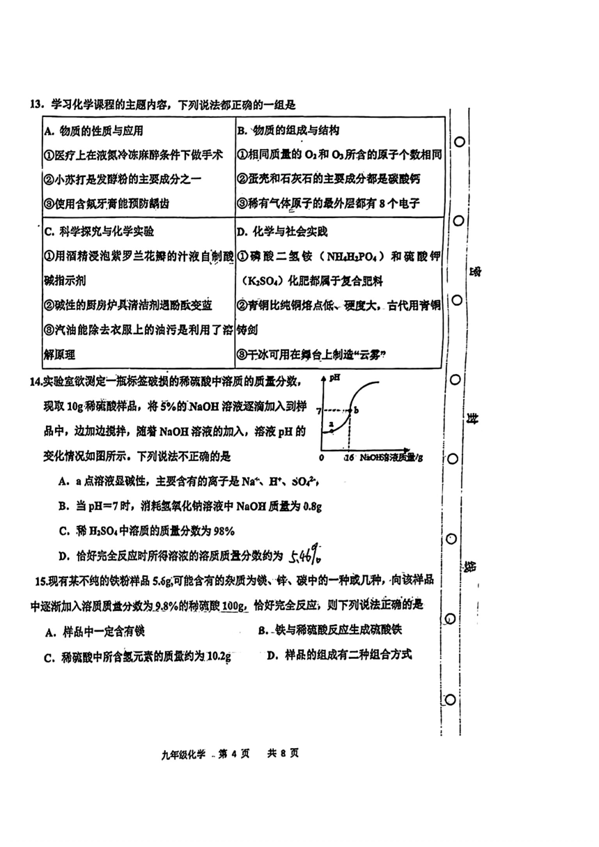 2024年天津市红桥区中考一模化学试题（PDF无答案）