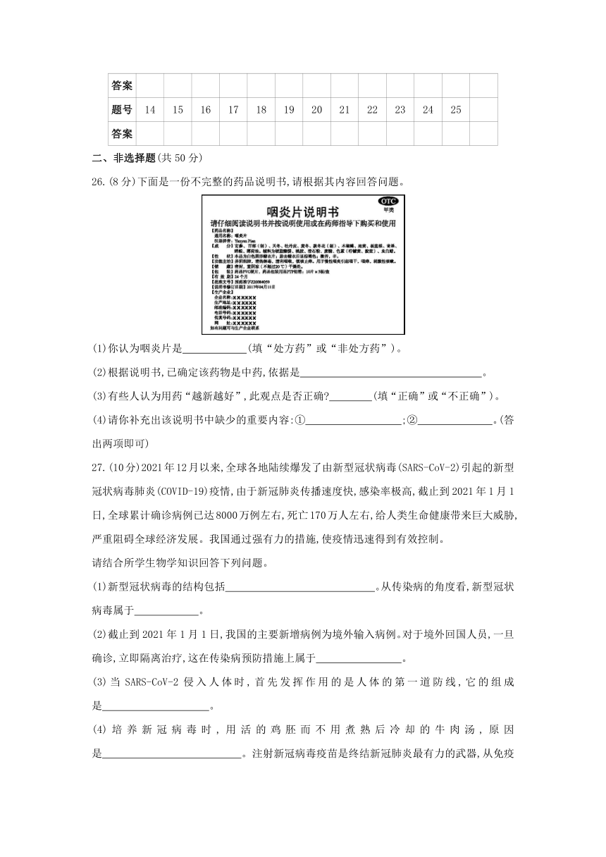 人教版生物学八年级下册同步练习：第八单元  第一~三章  阶段综合测试(word版含答案）