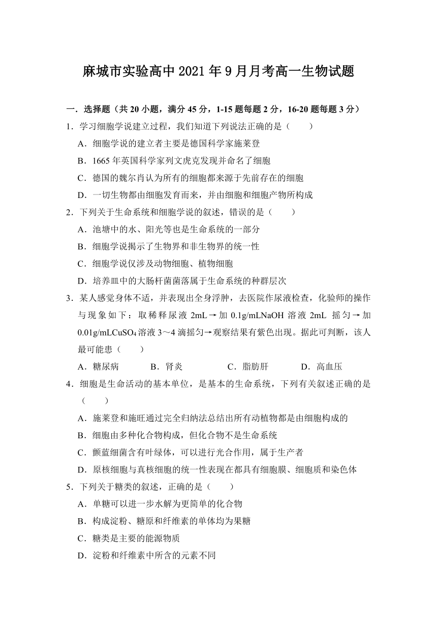 湖北省麻城市实高2021-2022学年高一上学期9月月考生物试题（Word版含答案）