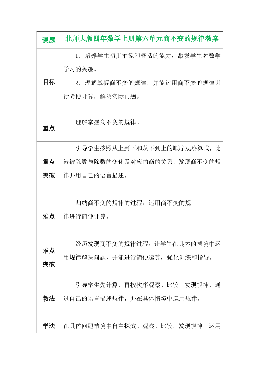 北师大版四年数学上册第六单元商不变的规律表格式教案