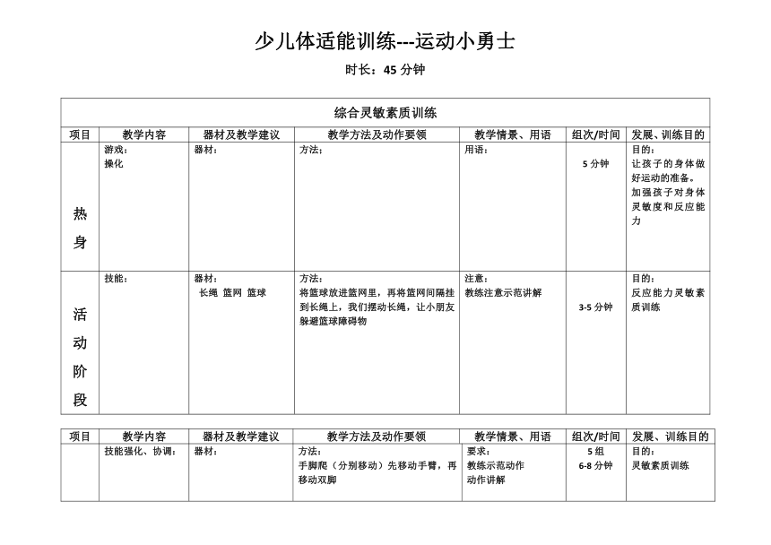 小学中年级课后服务 ：少儿体适能训练 运动小勇士6.1 教案（表格式）