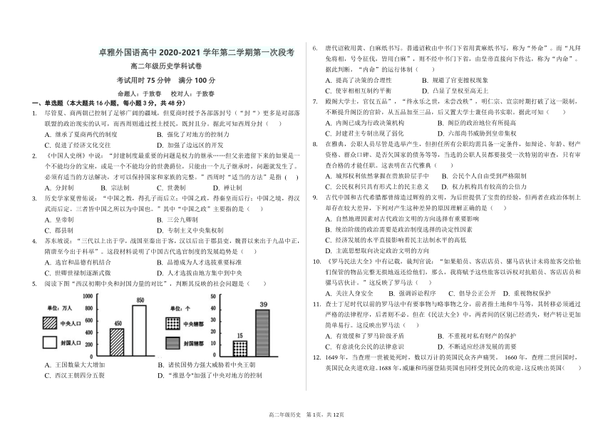 广东省中山市卓雅外国语高中2020-2021学年高二下学期4月第一次段考历史试题 （解析版）