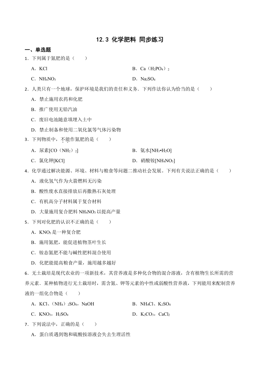 12.3 化学肥料 同步练习（含答案）2022-2023学年北京课改版九年级下册化学