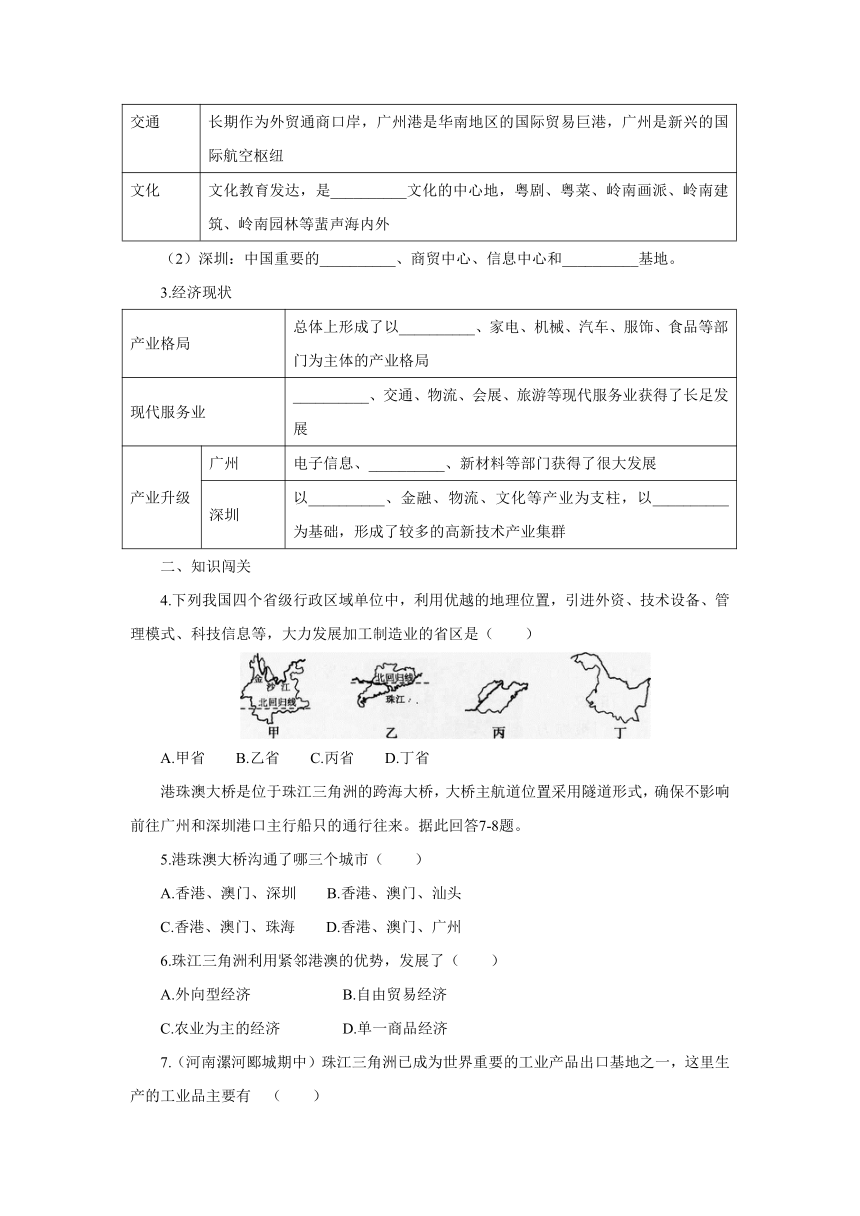 湘教版地理八年级下册7.3珠江三角洲区域的外向型经济知识训练（含答案）