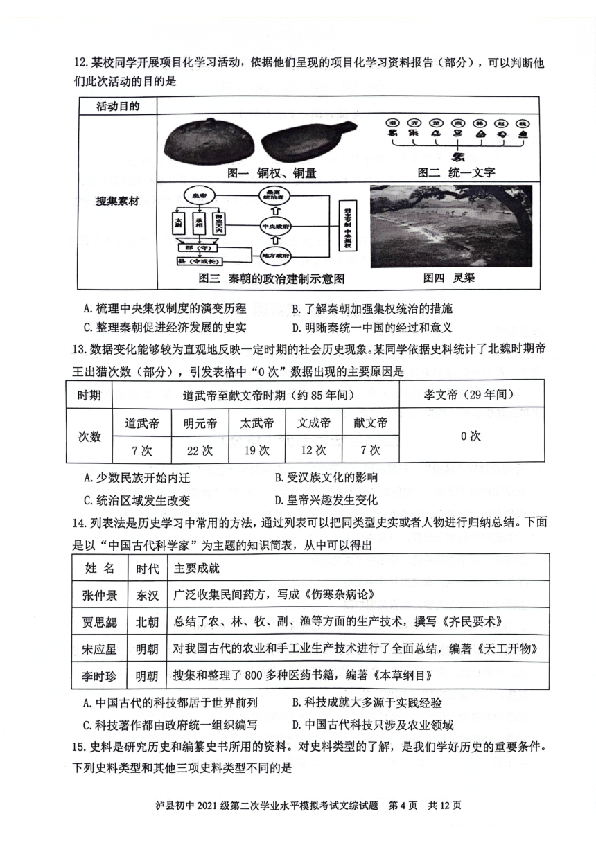 2024年四川省泸州市泸县九年级中考二模道德与法治 历史试题（扫描版，无答案）