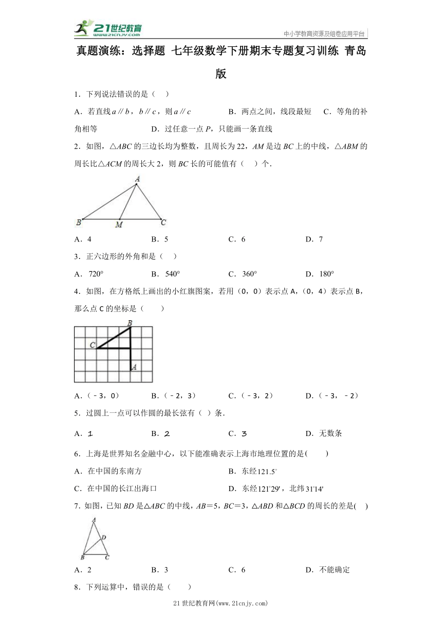 真题演练：选择题 七年级数学下册期末专题复习训练 青岛版（含解析）