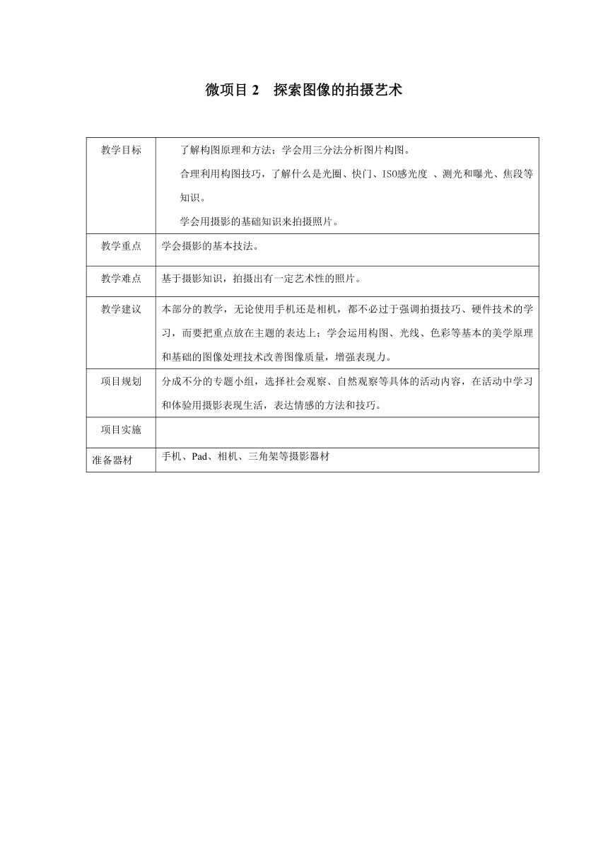 泰山版（2018）信息技术第1册 第4单元 微项目2 探索图像的拍摄艺术 教案（表格式）