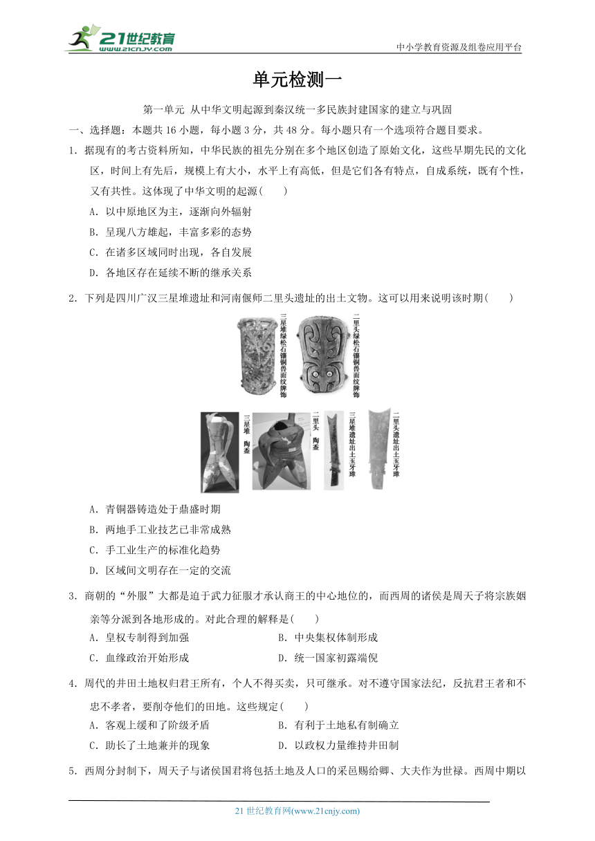 单元检测一 从中华文明起源到秦汉统一多民族封建国家的建立与巩固（含解析）