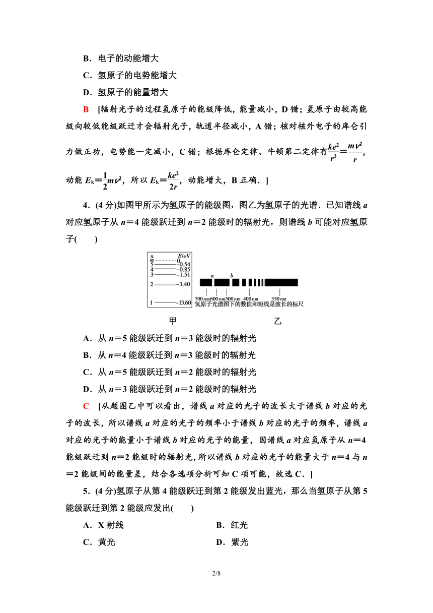 鲁科版（2019）高中物理 选择性必修第三册 章末综合测评4　原子结构word版含答案