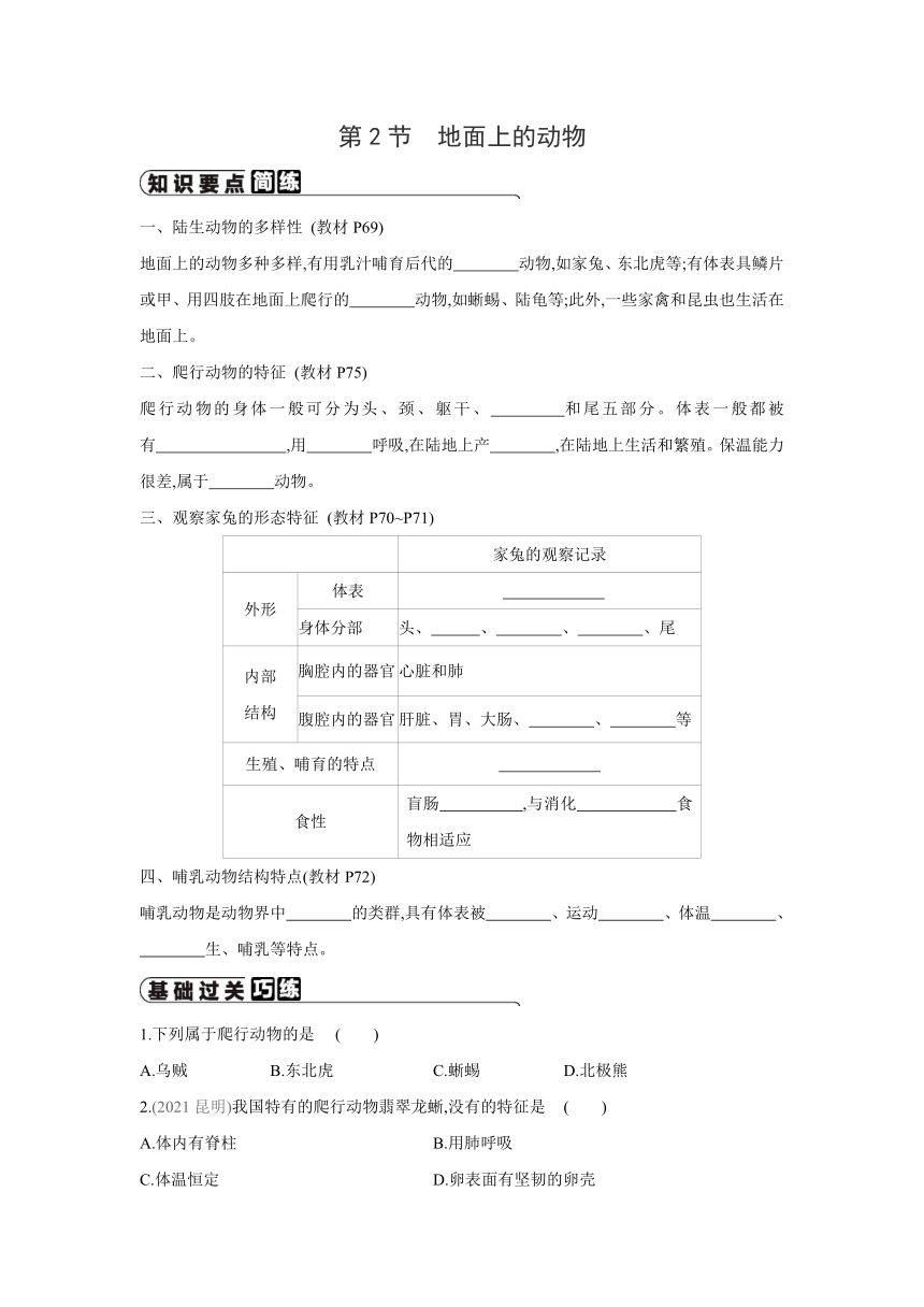 苏科版生物七年级下册同步练习：11.2  地面上的动物（word版 含答案）