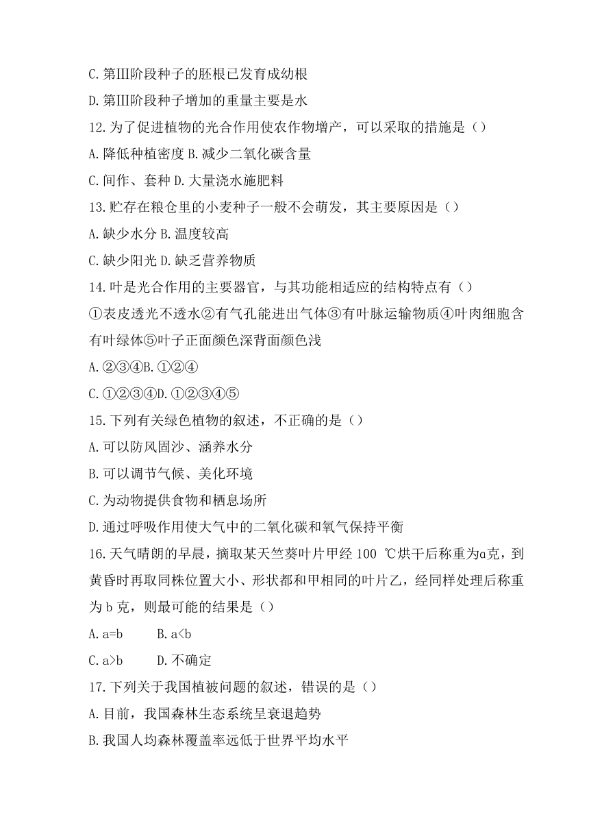 2021-2022学年七年级生物人教版上册 第三单元生物圈中的绿色植物 检测试卷（含答案）