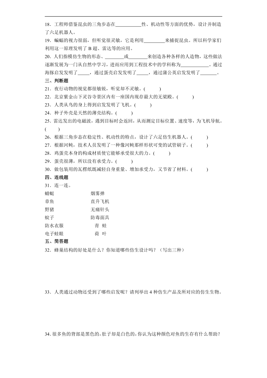 苏教版（2017秋）五年级下册 科学 第二单元仿生 综合训练（含解析）