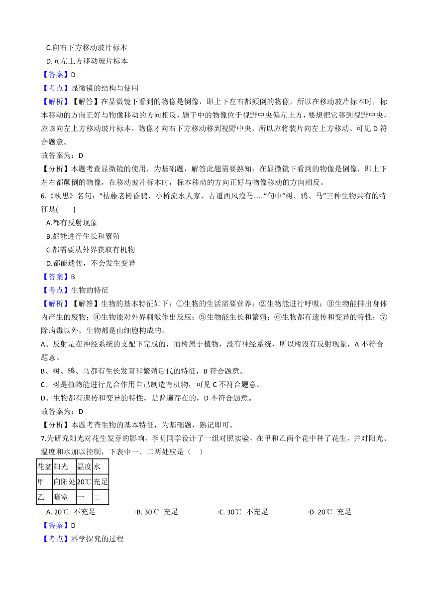 济南版生物七上：第一单元第一章 认识生命现象 测试卷（解析版）