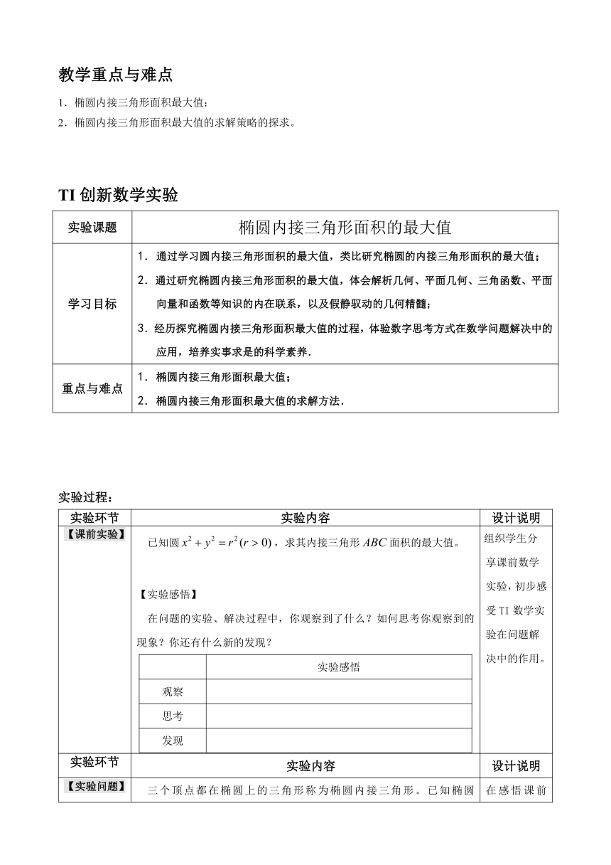 沪教版（上海）数学高二下册-TI创新数学实验：椭圆内接三角形面积的最大值（教案）（表格式）