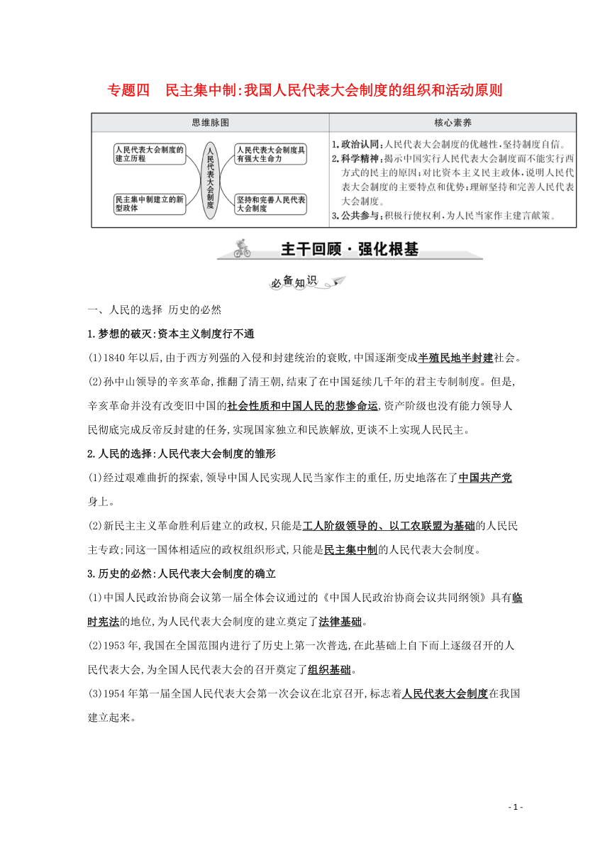 2022高考政治一轮复习专题四民主集中制：我国人民代表大会制度的组织和活动原则学案新人教版选修3