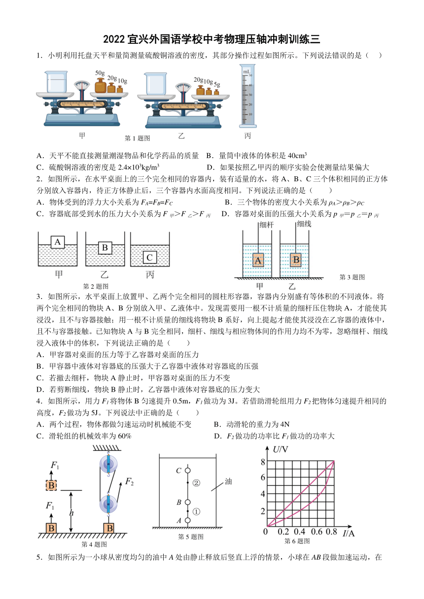 2022年江苏省宜兴外国语学校中考物理压轴冲刺训练三(word版含答案)