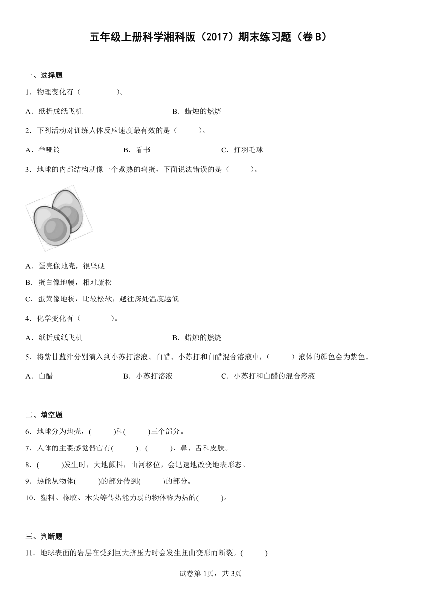 五年级上册科学湘科版（2017）期末练习题（卷B）（含答案）