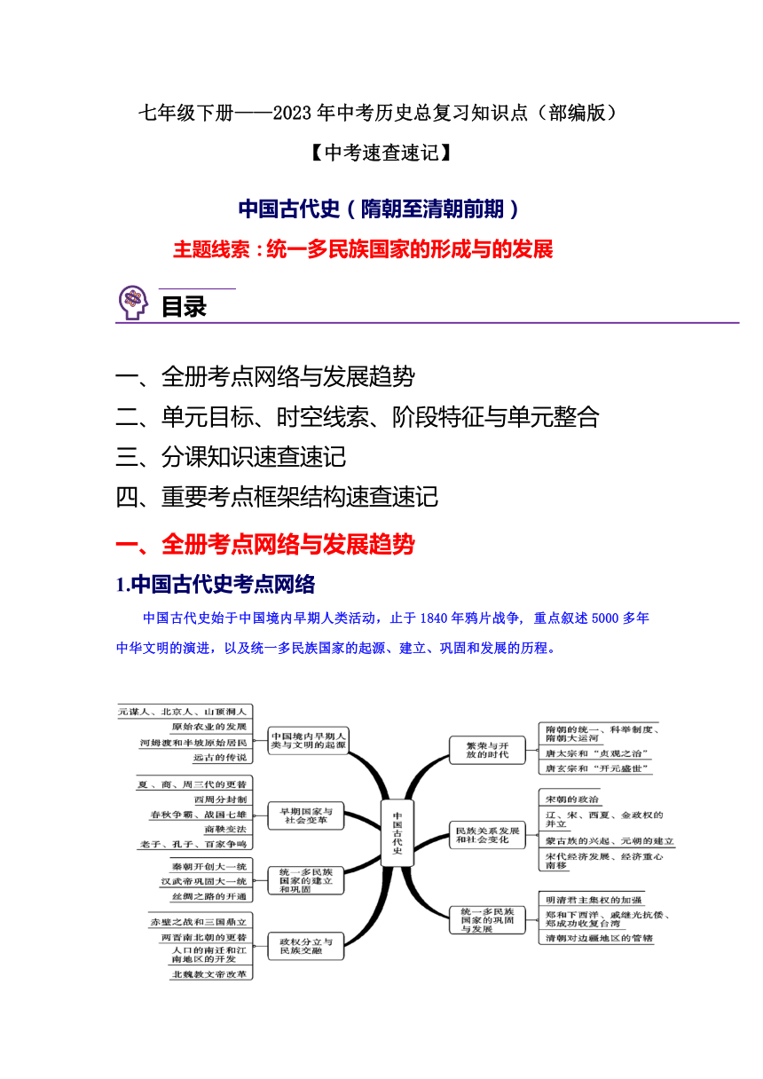 七年级下册-2023年中考历史总复习知识点速查速记（部编版）