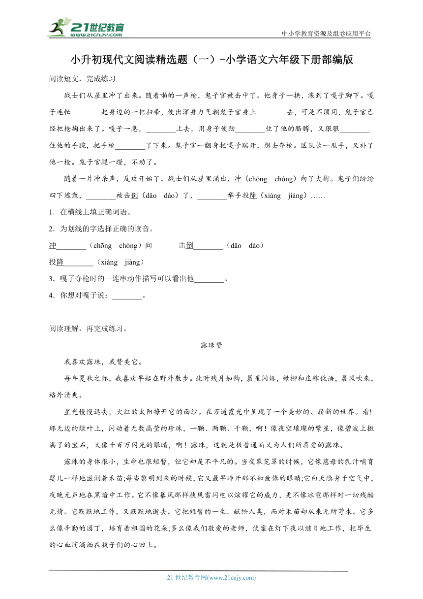 部编版小学语文六年级下册小升初现代文阅读精选题（一）（含答案）