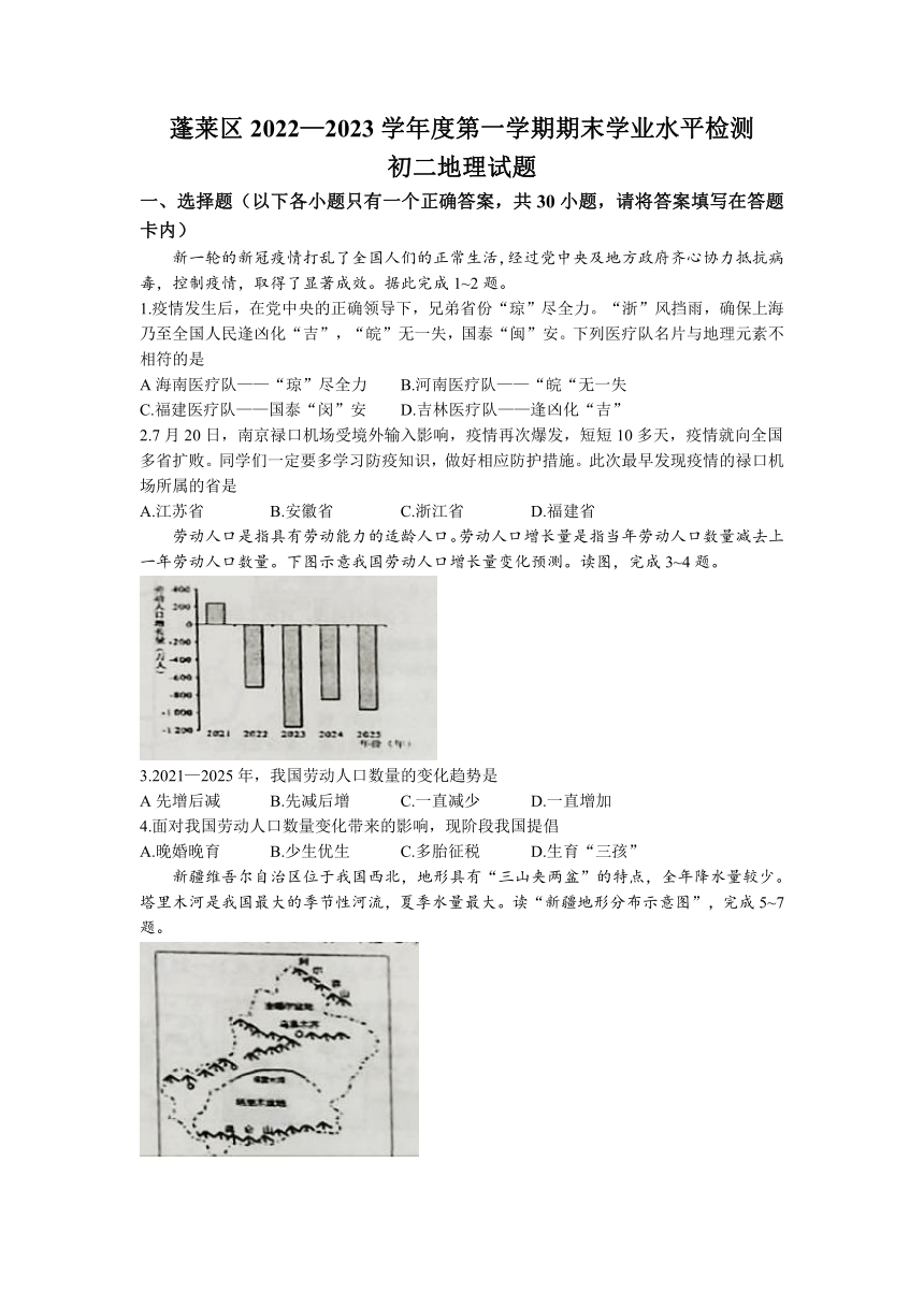 山东省烟台市蓬莱区2022-2023学年七年级（五四学制）上学期期末地理试题（含答案）