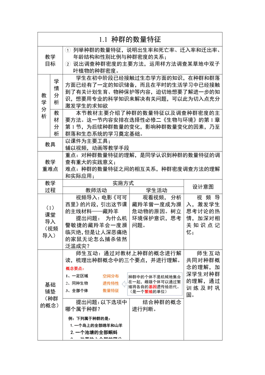 1.1种群的数量特征  教案（表格式）2022-2023学年高二上学期生物人教版选择性必修2