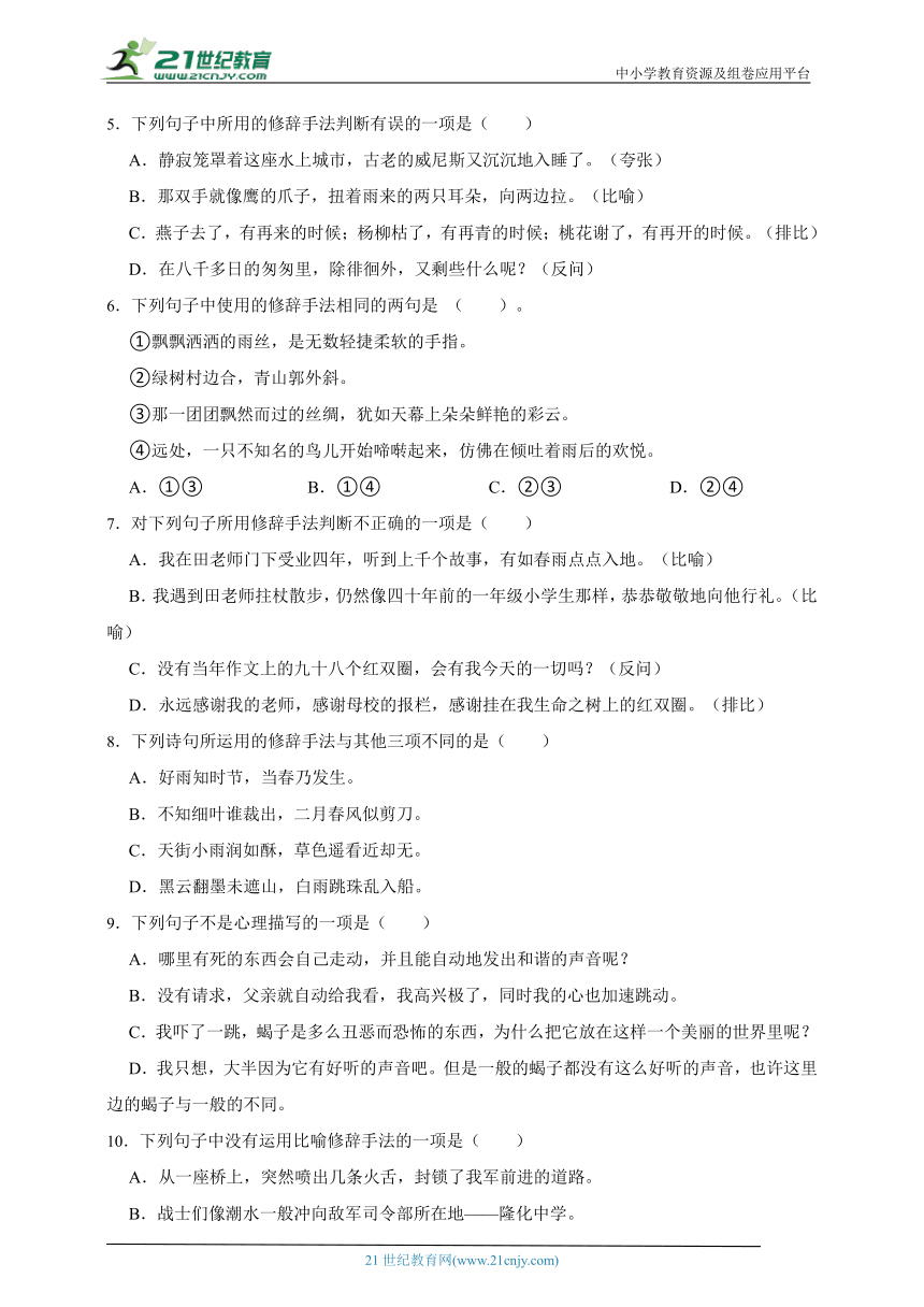 统编版语文六年级下册2024年小升初修辞手法专项训练（含答案）