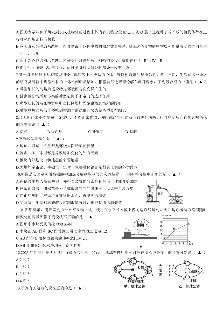 2023年浙江省杭州市西湖区保俶塔学校九年级科学模拟考试（word版，无答案）