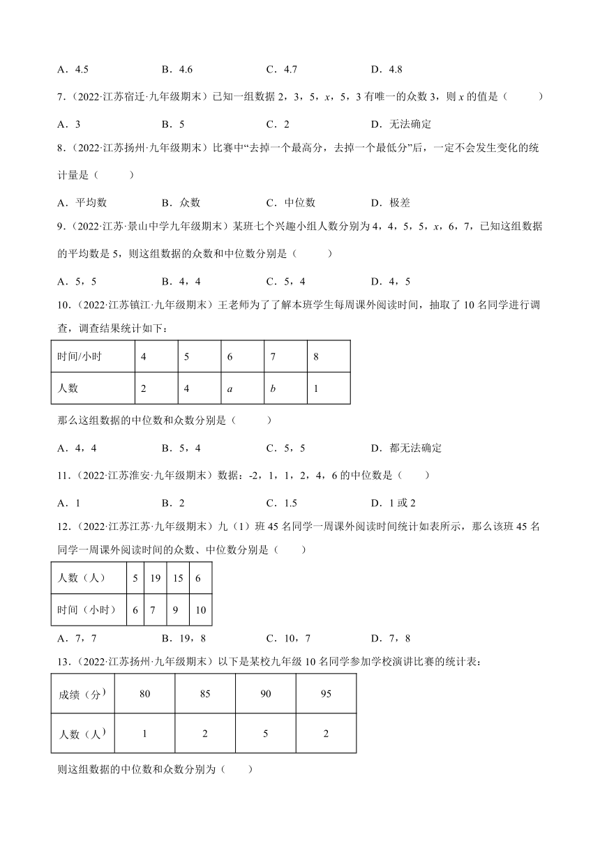 2021-2022学年江苏省各地苏科版数学九年级上册3.2中位数与众数期末试题分类选编(Word版含答案)