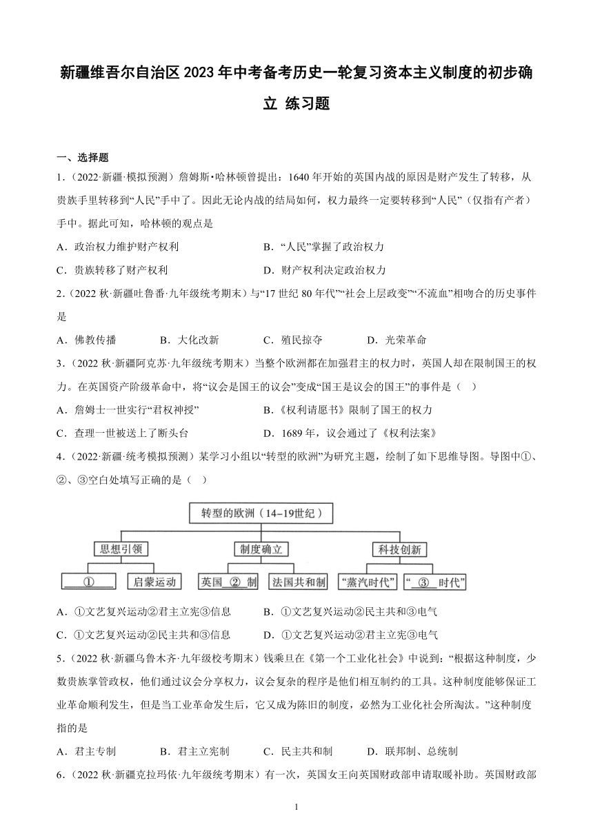 新疆维吾尔自治区2023年中考备考历史一轮复习资本主义制度的初步确立 练习题（含解析）