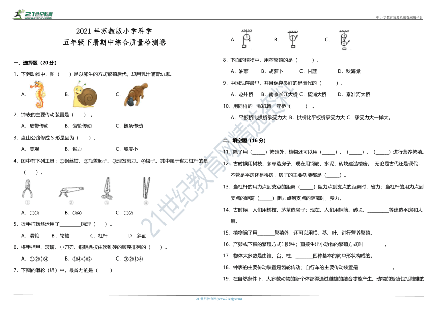 2021年苏教版小学科学五年级下册期中综合质量检测卷（含答案）