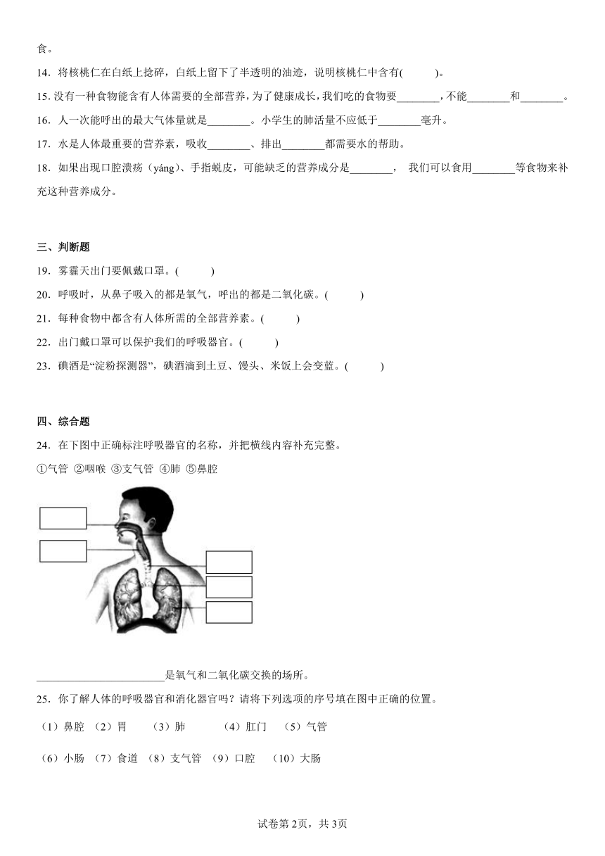 苏教版（2017秋）科学 三年级上册 第五单元 人的呼吸与消化 单元测试（word版 含答案）