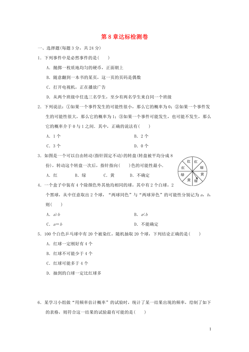 苏科版八年级数学下册第8章认识概率达标检测卷（word版，含答案）